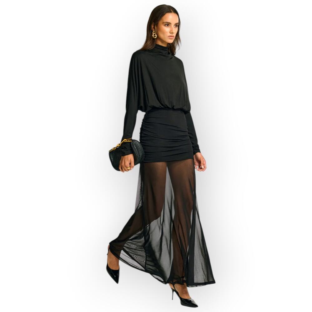 Commense Black Sheer Mesh Maxi Dress NWT XL (US 12) Ruched – Modern Dark Romance